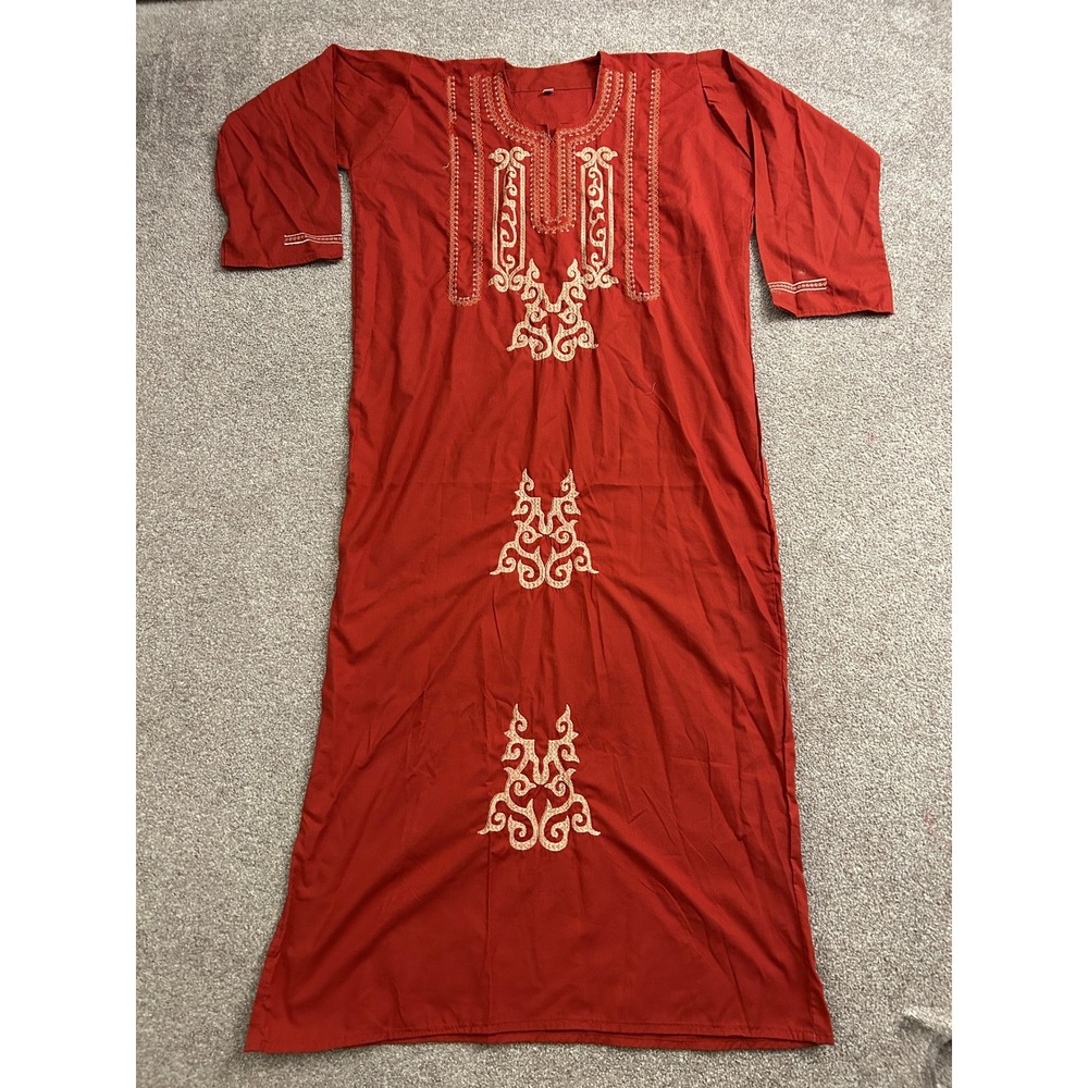 South Asian Kameez Kaftan Maxi Dress Womens Large Red Gold Long Sleeve Excellent